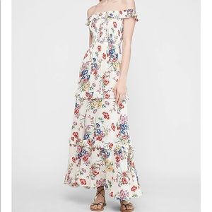 Express Floral Off the Shoulder Tiered Maxi Dress in While